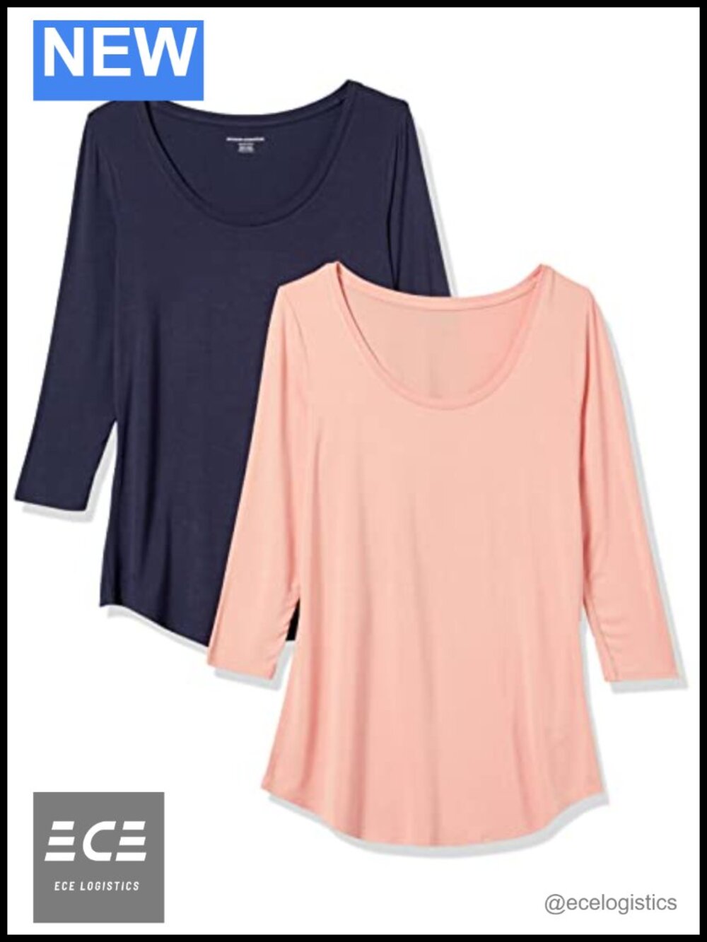 Women's 3/4 Sleeve Scoopneck Tunic Tops Classic Fit 2-Pack Casual Everyday